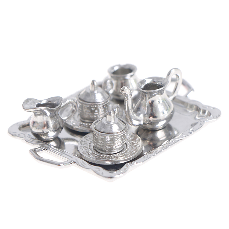 Coffee Tea Set Up - 10pcs/Set 1/12 Dollhouse Miniature Silver Metal
